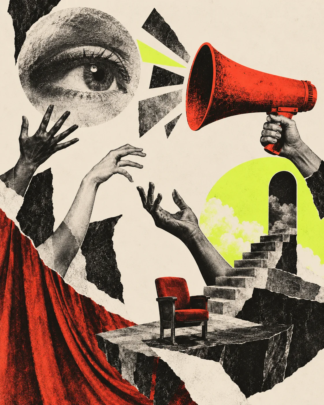 Pôster do manifesto visual da CRIA, uma colagem de mãos, olho e megafone.
